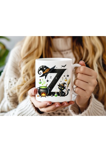 Z Harfli Halloween Kedili Figür Kupa Bardak - Şapkalı Ve Kazanlı İsme Özel Kupa - Hediye Beyaz
