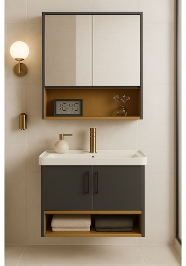 Legna 80 Cm Antrasit&ahşap Banyo Dolabı Takımı Alt Ve Üst Dolap