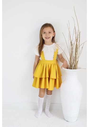 Kız Çocuk Helen Sarı Askılı Kat Kat Bağlama Jile Elbise Dantel Detay Ekru Kısa Kollu Bluz İkili Takım