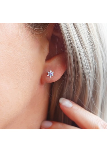 925 Ayar Gümüş Mor Taşlı Minimal Lotus Küpe Gümüş