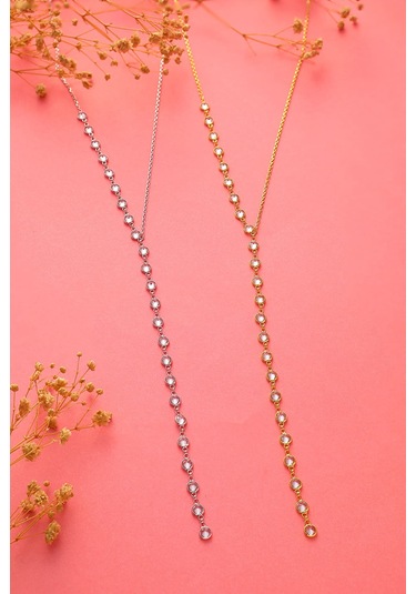 Queen Silver Jewelry 925 Ayar Gümüş Yuvarlak Zirkon Taşlı Yarım Tamtur Kolye Altın