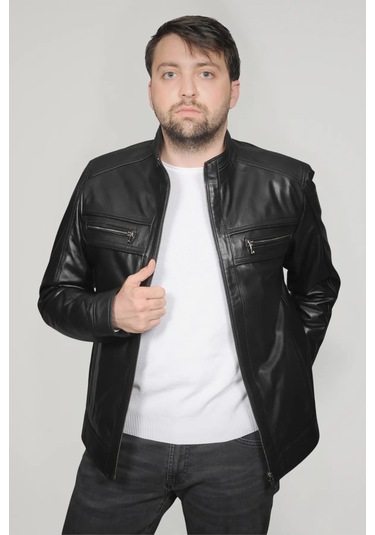 Derije Torres Hakiki Deri Erkek Büyük Beden Siyah Ceket Siyah