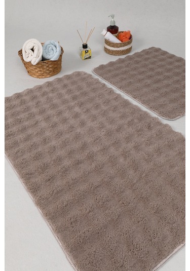 Modern Bubble Yıkanabilir Kaymaz Peluş Banyo Paspası Halısı 2'li Klozet Takımı 50x80-50x40cm Vizon