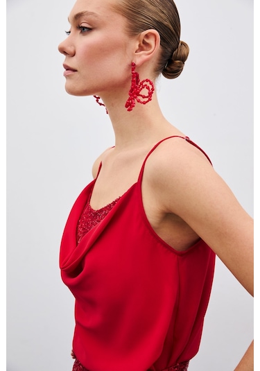 Sateen Degaje Yaka Bluz - Kırmızı-135513 Kırmızı