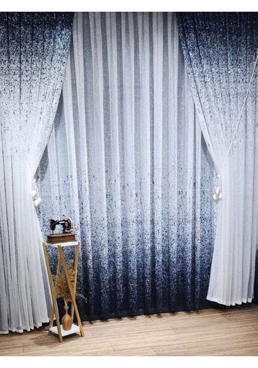 Tül Perde Yeni Tasarım Üst Renkli Kahverengi-vizon Serpinti Tül Ve Sağ/sol Takım Tül Fon Perde Lacivert