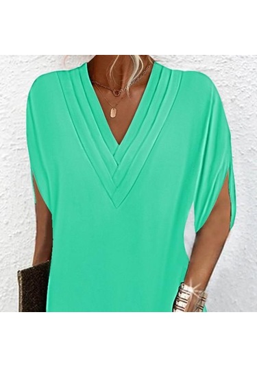 Kadın Elbise V Yaka Pilili Yarım Yarasa Kollu Düz Renk Gevşek Yumuşak Nefes İşe Gidip Diz Üstü Mini Elbise Siyah