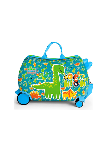 Coral High Kids Mavi Yeşil Dinozor Desenli Otur-çek Çocuk Valizi 16361 Yeşil