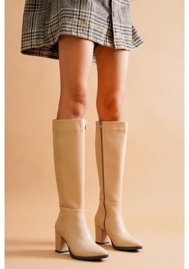 Kleo Nude Deri Topuklu 7cm Yanı Fermuarlı Günlük Kullanım Çizme Ten Rengi