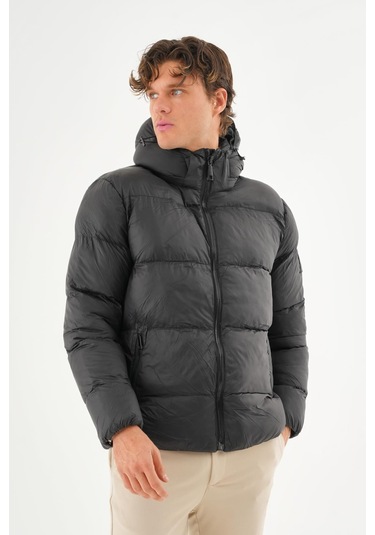Erkek Kapüşonlu Fermuarlı Cepli Kışlık Şişme Kısa Mont Siyah