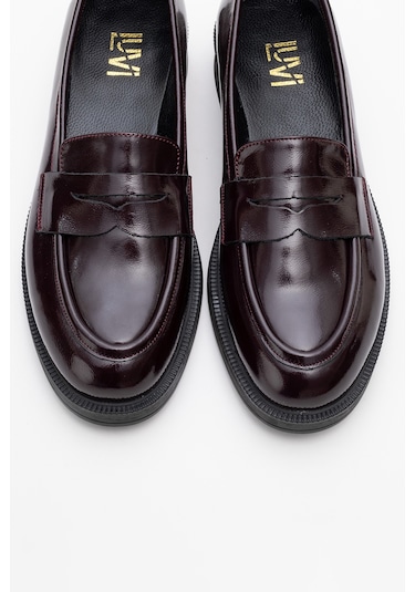 Pline Bordo Rugan Hakiki Deri Kadın Loafer Ayakkabı Bordo Rugan