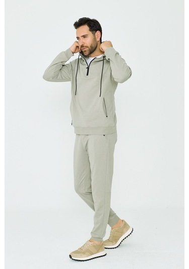 White Stone Açık Yeşil Kapüşonlu Yarım Fermuarlı Yandan Cepli Erkek Sweatshirt Khaık