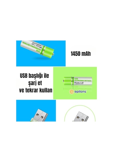 Usb Şarjlı 1450mah Aa 1.2v Lityum Kalem Pil 2 Li Set Dönüşümlü Batarya