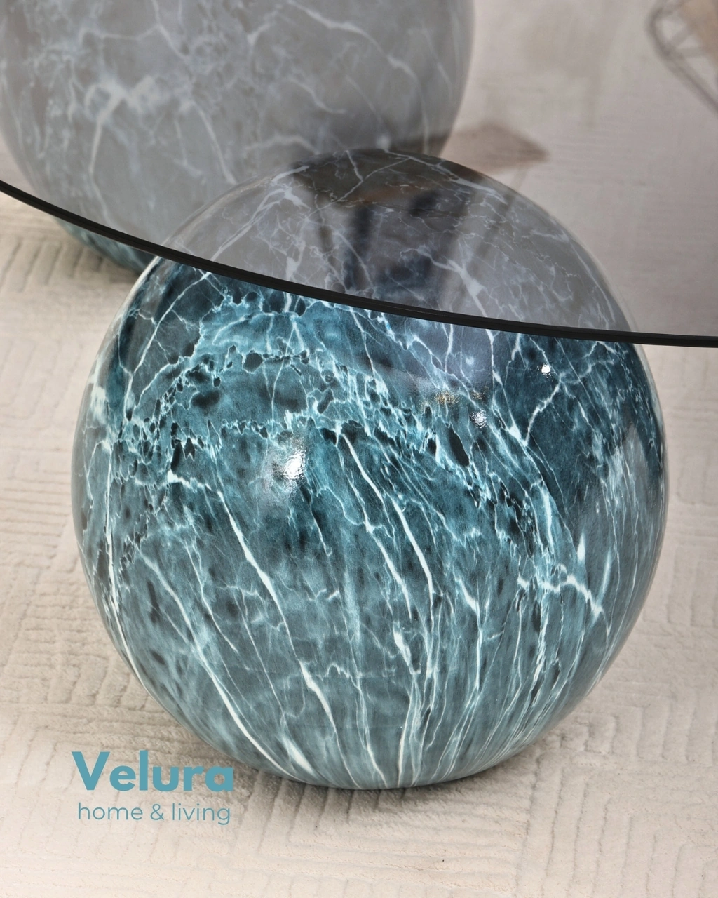 Modern Orta Sehpa & Küre Sehpa & Top Sehpa & Füme Yuvarlak Cam & Ocean Mavi