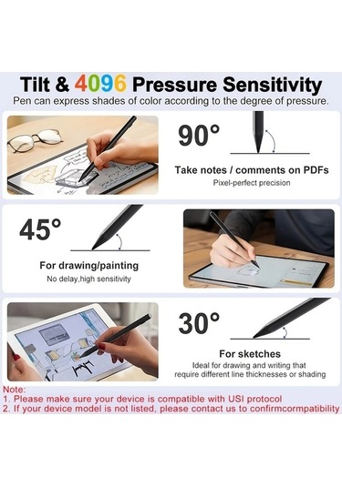 Fastbuy Silver Usı 2.0 Chromebook Stylus, 4096 Basınç Duyarlı, Usb C Hızlı Şarj, Palm Rejection, Lenovo Hp Asus Acer Uyumlu