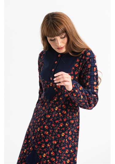 Uzun Kol Pazen Eftelya Çıtır Desen Midi Boy Elbise Lacivert Lcvt