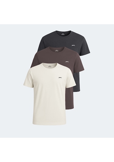 Slazenger KRATER 3 lü Set Erkek  Ekru - Koyu Gri - Kahve Tişört