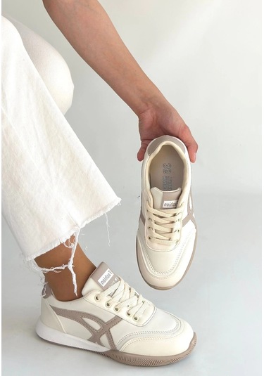 Zlay Bej Cilt Vizon Detaylı Bağcıklı Spor Ayakkabı Diğer