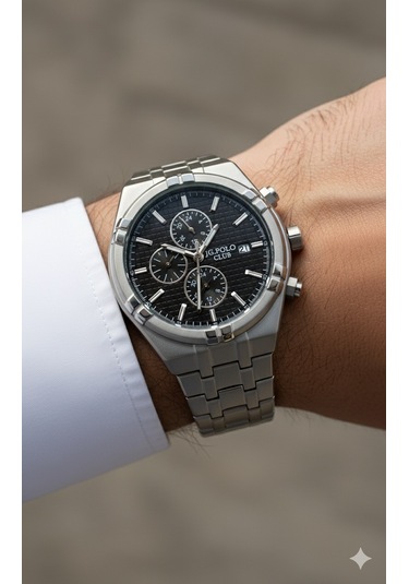 Jg. Polo Club Erkek Kol Saati Silver Renk, Siyah Kadran - G11552, 2 Yıl Garantili Gümüş