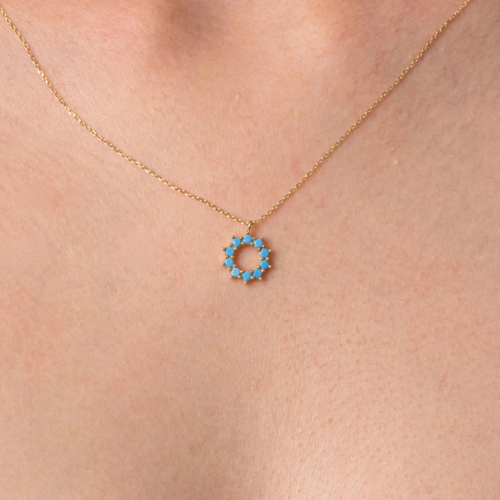 Gümüş Kolye - Yuvarlak Firuze Turkuaz Taşlı 925 Ayar Gümüş Kolye Sarı