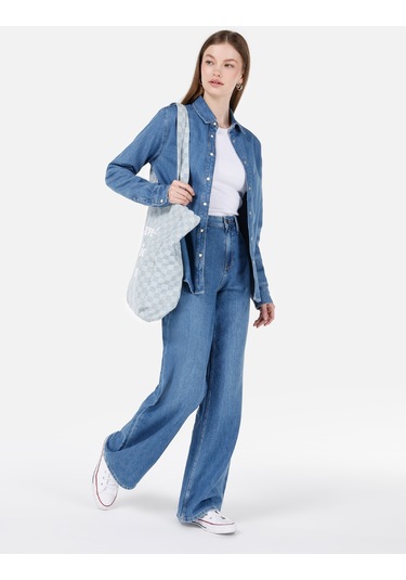 Colins 970 Berry Normal Kesim Yüksek Bel Geniş Paça Kadın Pantolon Cl1069217 Denim