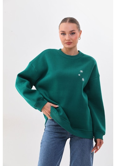 Kallima Oversize Baskılı İçi Polarlı Yeşil Kadın Sweatshirt Yeşil