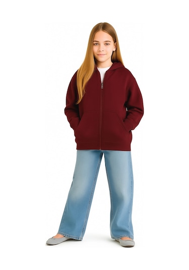 Kız - Erkek Çocuk Basic Fermuarlı Kalın 3 İplik Kışlık Okul Sweat Ak1815 Bordo