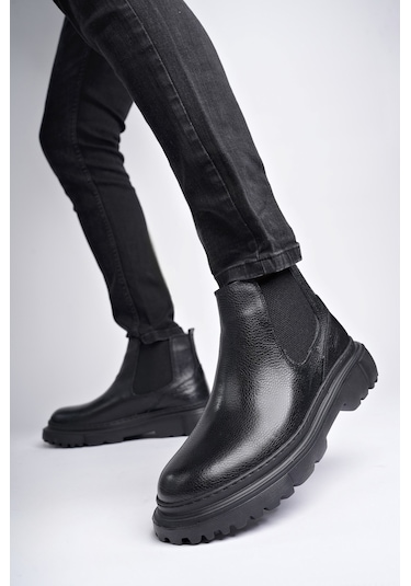 Muggo Thor Garantili Hakiki Deri Kalın Taban Erkek Kışlık Chelsea Bot Siyah