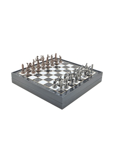 Gifthome Orta Boy Metal Yunan Mitolojisi Satranç Tk. Antik Ve Mermer Desenli Sandıklı Mdf Tahtası 36x36 Cm.