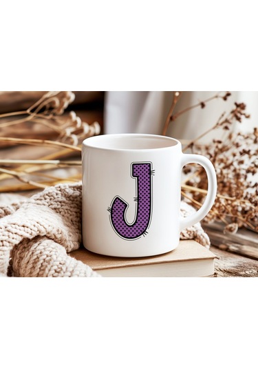 J Harfi Mor Puantiyeli Kupa Bardak - Polka Dot Tasarım Kahve Çay Bardak - Kişiye Özel Hediyelik Beyaz