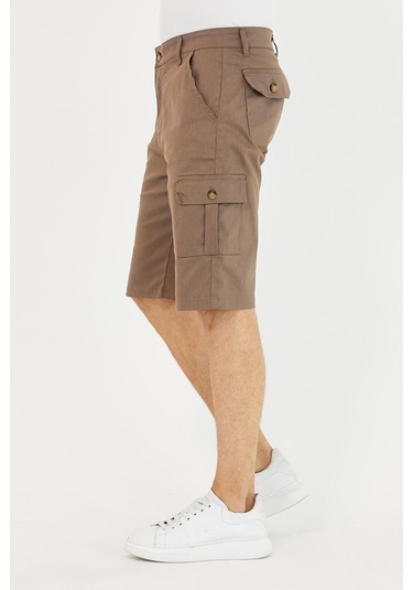 Erkek Kargo Yandan Cepli Esnek Kumaş Slim Fit Kapri Şort Açık Kahve Açık Kahverengi
