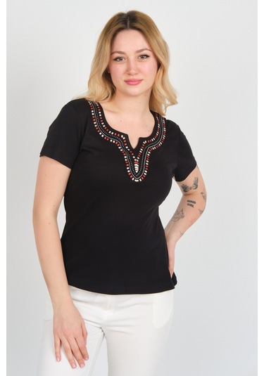 Ella Camelia Kadın Açma Yaka Taşlı Ve Desenli Pamuklu Bluz 23e010 Siyah Siyah