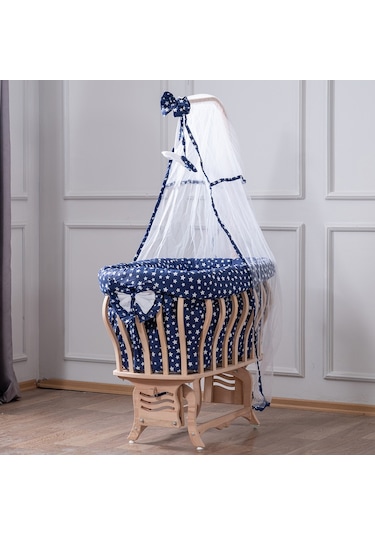 Setaymobilya Doğal Ağaç Beşik, Kristal Yıldızlı Sepet Beşik+Uyku Seti+Cibinlik