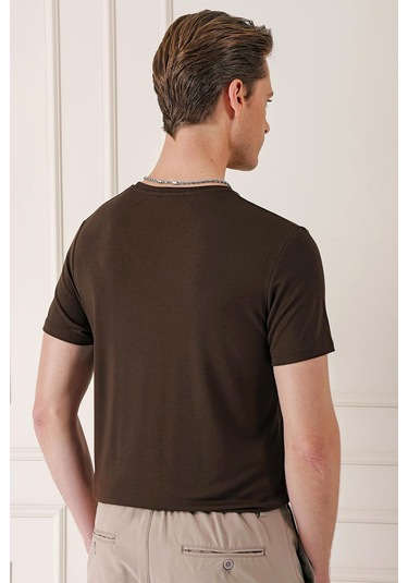 Slim Fit Bisiklet Yaka Düz Pamuklu Kahverengi Tişört Ts 823 Kahverengi