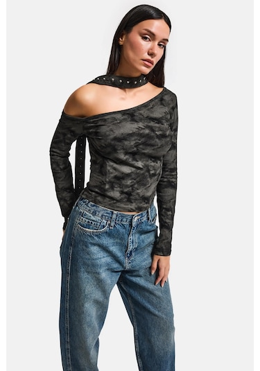Itsbasic Kadın Siyah Antrasit W5 Asimetrik Kesim Özel Kumaş Tasarım Crop Top