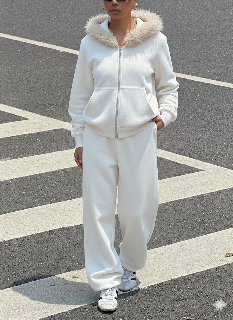 Ekru Siyah Fermuarlı Kapüşonlu Sweatshirt Eşfoman Takımı Kürklü Kapüşon, Cepli, Rahat Kalıp Ekru