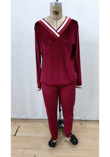 Evyora Kadın Uzun Kollu V Yaka Kadife Bluz Ve Pantolon Ikili Takım Kırmızı