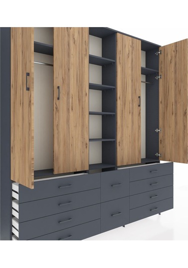 Arges Dolap 9 Raflı 10 Çekmeceli 2 Askılı 220x30x243 Antrasit-çam/antrasit Atlas Çam/antrasıt