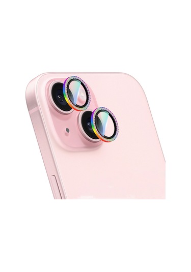 İphone 15 Plus Uyumlu Caseworld Alloy Sparkling Diamond Serisi Taşlı Lens Koruyucu Colorful