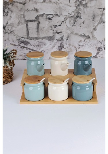 Arow Tr-3100 Carla Bambu Kapaklı Porselen 16 Parça Baharatlık Seti Çok Renkli