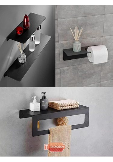 Modern Banyo 3'lü Set Banyo Askısı Havluluk Tuvalet Kağıtlığı Siyah