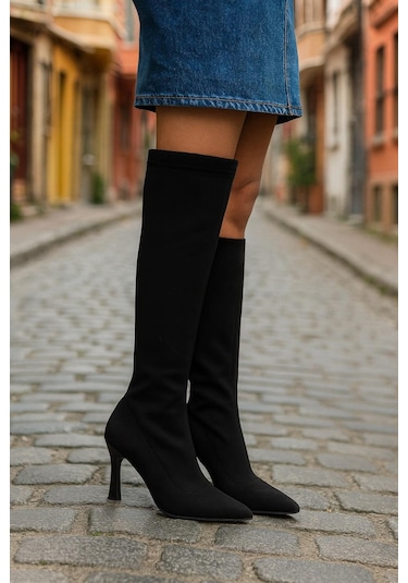 Diz Altı Streç Kadın Topuklu Çizme Ten