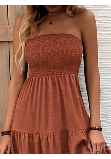 Kadın Straplez Göğüsten Lastikli Kloş Aerobin Uzun Elbise Turuncu