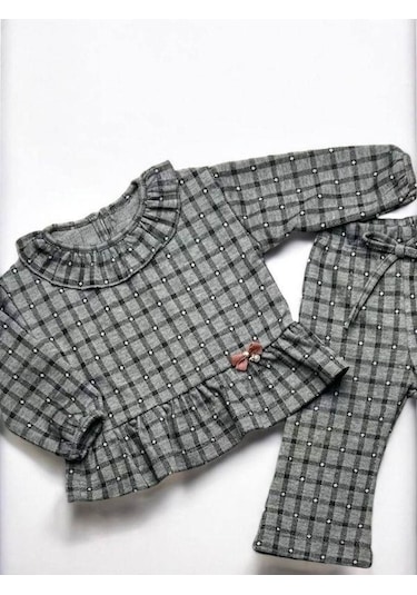 Kız Bebek Kareli Bebek Yaka Örme Pantolonlu Takım-14882 Gri