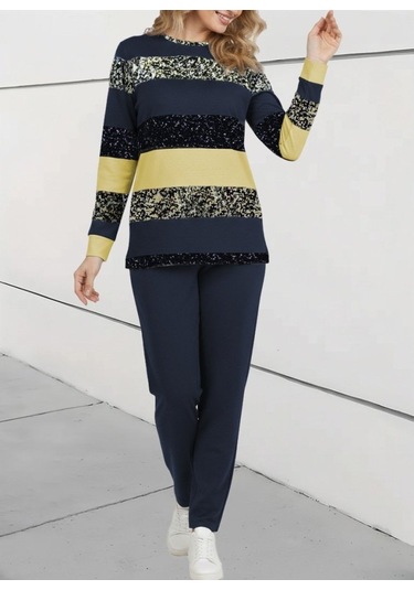 Evyora Kadın Uzun Kollu Bisiklet Yaka Çizgili Desen Iki Iplik Bluz Ve Pantolon Ikili Takım Sarı