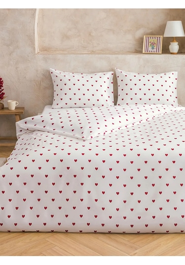 Kırmızı Kalp Baskılı Çift Kişilik Nevresim Seti 200x220 Cm