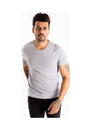 Deepsea Gri Erkek Dar Kesim Basic Tişört 1801131-Gri