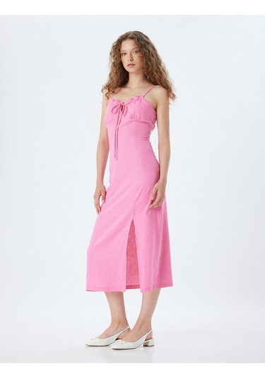 Koton Uzun Elbise Keten Karışımlı Askılı Yırtmaçlı Önü Bağlamalı Pembe 4sal80043ıw Gül