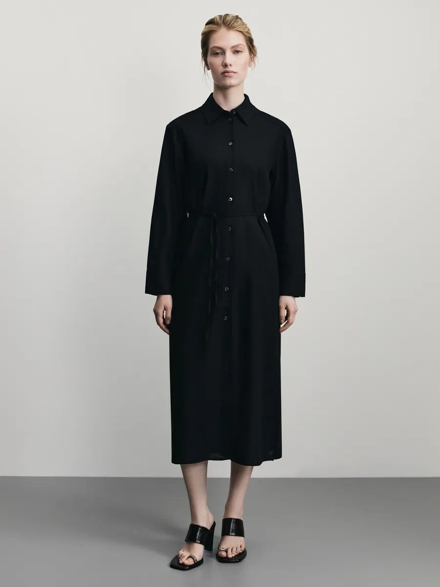 Zarına Günlük Temel Keten Gömlek Elbisesi 371892379 Siyah