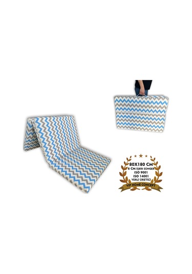 Katlanır Yer Yatağı Ve Tek Kişilik Sünger Katlanır Minder Yatak 80x180 Cm 6 Cm Mavi Gri Zikzak
