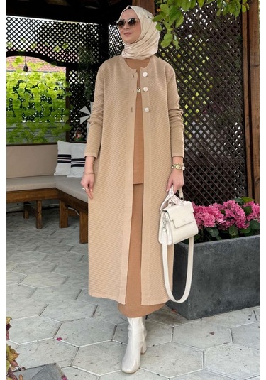 Sinem Çelik Örme Triko Hırka Bej Çok Renkli